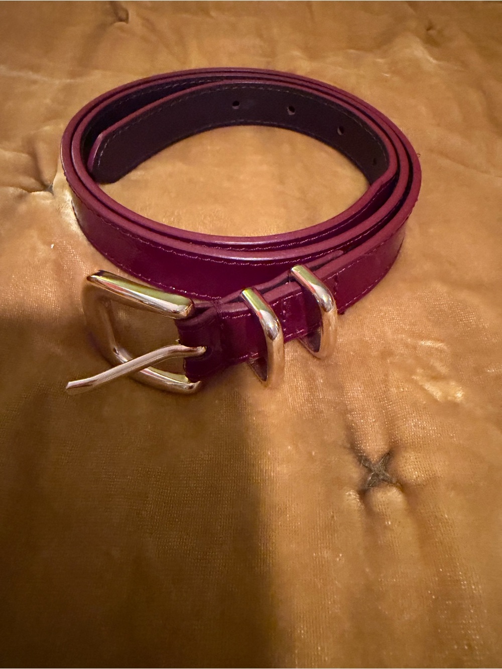Sezane Plum Leather Skinny Belt with Gold-Tone Buckle